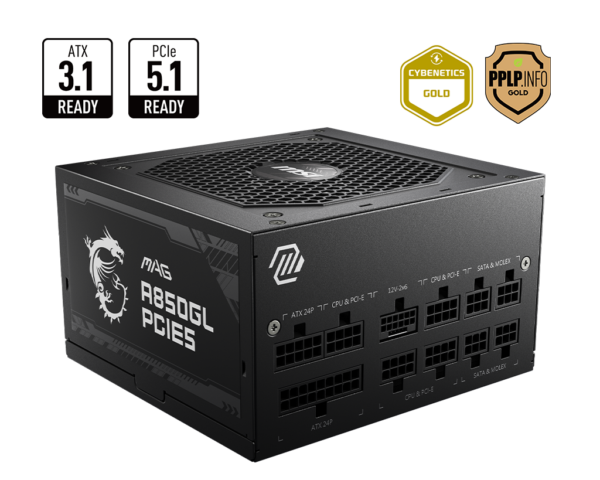 Fuente de Poder MSI MAG A850GL PCIE5 / 850W / 80 Plus Gold / Certificación ATX 3.0 / Compatible con PCIe 5.0