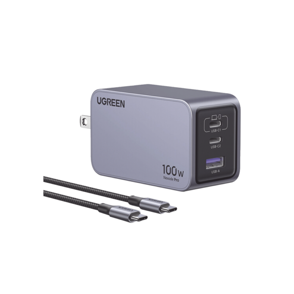 Cargador de 100W serie Nexode Pro | 3 Puertos de Carga Rápida | 2 USB-C | 1 USB-A | Tecnología GaNInfinity | PD3.1 de 100W / QC4.0 | Tecnología de Protección Térmica | Optimiza la Carga | Caja de Aluminio | Incluye Cable
