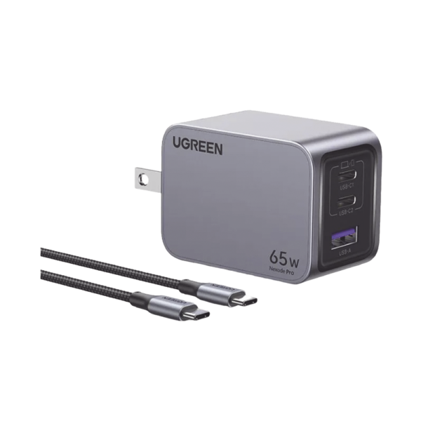 Cargador de 65W serie Nexode Pro | 3 Puertos de Carga Rápida | 2 USB-C | 1 USB-A | Tecnología GaNInfinity | PD3.1 de 65W / QC4.0 | Tecnología de Protección Térmica | Optimiza la Carga | Caja de Aluminio | Incluye Cable U