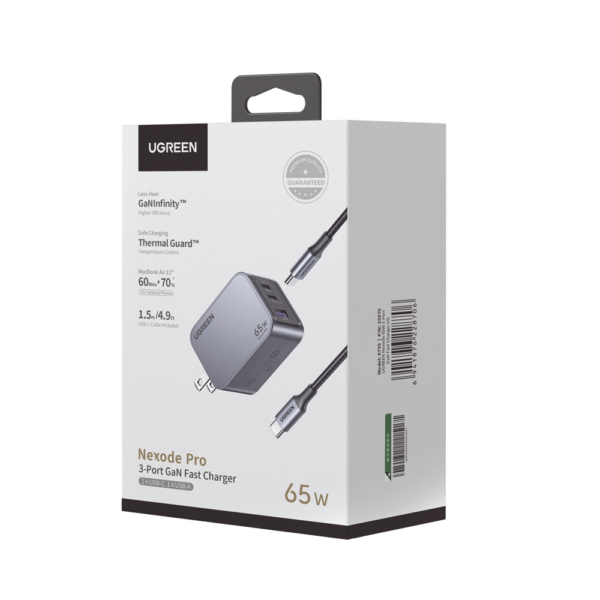 Cargador de 65W serie Nexode Pro | 3 Puertos de Carga Rápida | 2 USB-C | 1 USB-A | Tecnología GaNInfinity | PD3.1 de 65W / QC4.0 | Tecnología de Protección Térmica | Optimiza la Carga | Caja de Aluminio | Incluye Cable U - Image 3