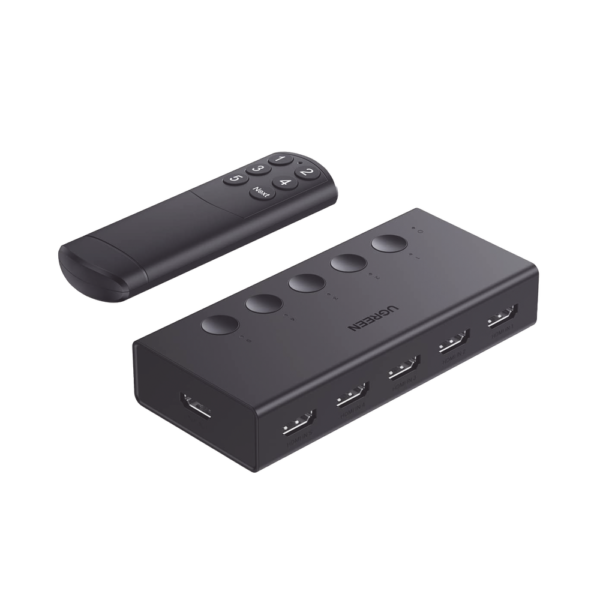 Conmutador HDMI 5X1 | 4K@60Hz | HDMI 2.0, 1.4 |  HDCP 2.2, 1.4 | VRR | Dynamic HDR | 3D | CEC | EDID | IR 10m | 18Gbps | Cambio Manual y por Control Remoto |  Incluye Cable de Alimentación USB