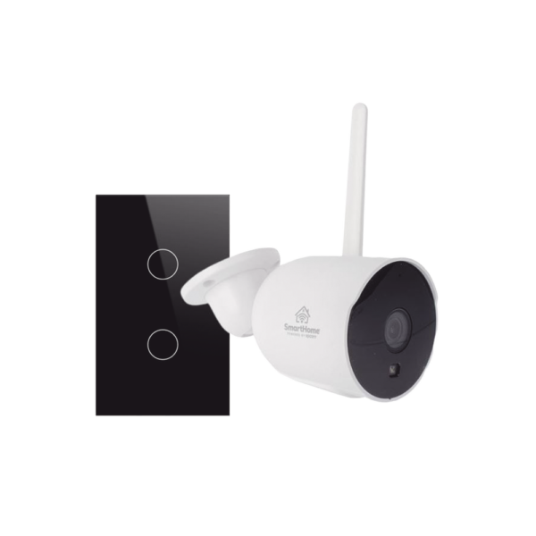Kit de Seguridad Inteligente / 1 Cámara Wi-Fi 1080p / Apagador Inteligente Wi-Fi 3 Regresos / Control por App y Voz / Vidrio Templado / Compatible con Alexa y Google Home